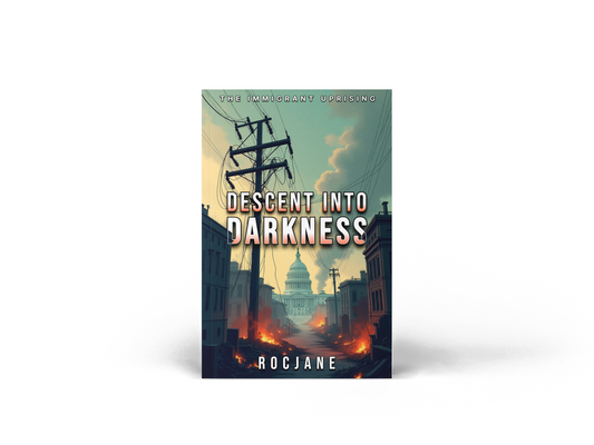 Descent into Darkness The Immigrant Uprising dystopian political thriller paperback cover by RocJane