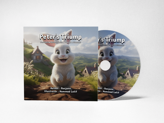 Peter's Triump: Overcoming Obstacles with a Hop and a Stammer Audio Books in 10 Languages - Discover the heartwarming story of a resilient rabbit who overcomes his speech disability in this inspiring audio book, available in 10 languages at Rocjane.com.