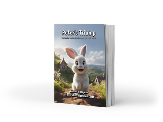 Peter's Triump: Overcoming Obstacles with a Hop and a Stammer E-Book in 10 Languages - Uncover the inspiring journey of a determined rabbit who learns to overcome his speech disability in this uplifting electronic book, available in 10 languages at Rocjane.com.